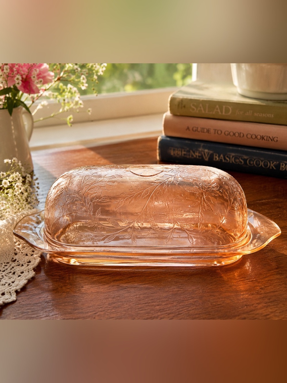 Vintage Pink Depression Glass Butter Dish with Etched Floral Lid